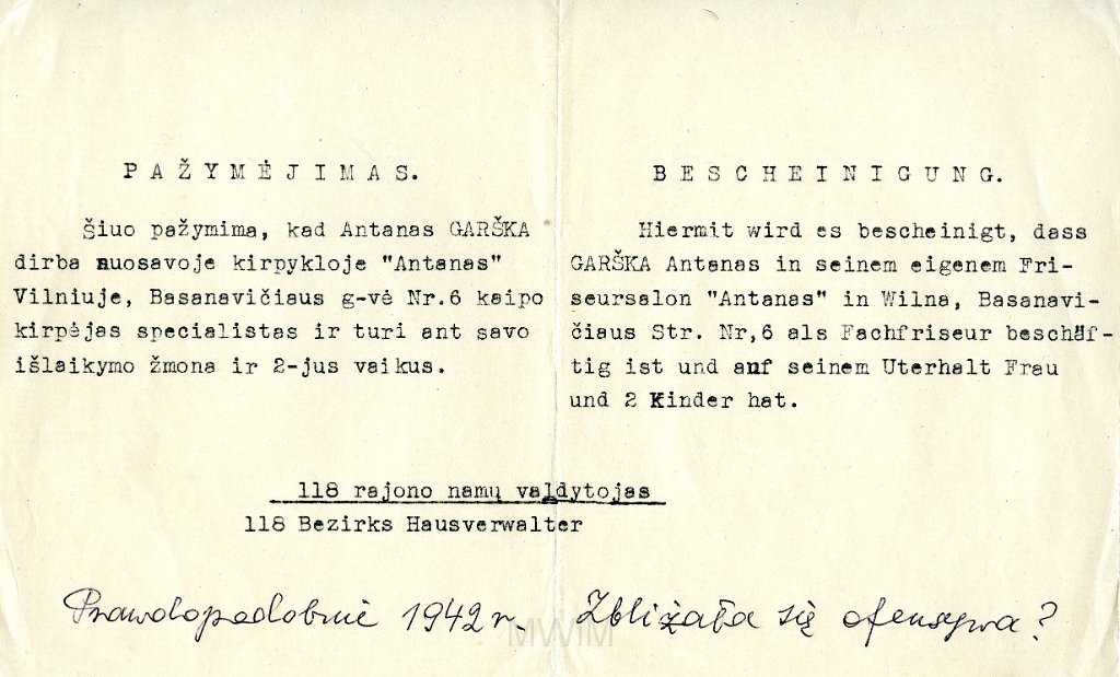 KKE 5882.jpg - (litewski-niemiecki) Dok. List-Oświadczenie Antoniego Graszko o zamiarze zatelefonwania do żony w wyniku zbliżającej się ofensywy, Wilno, 1942 r.